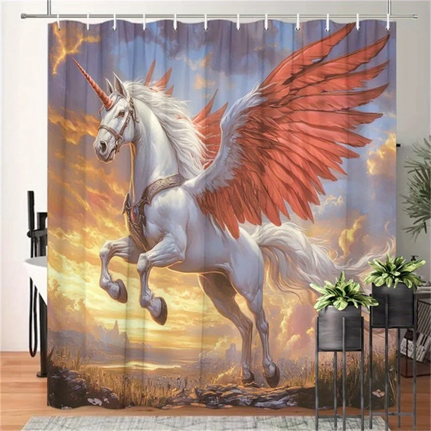 Majestic Winged Horse at Sunset Shower Curtain - Water-Resistant, Easy to Clean, Adds a Fantasy and Dramatic Touch