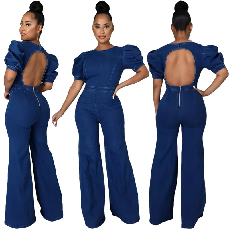 

2023 Fashion Celebrity Bodycon Playsuit Slim Sexy Backless Blue Denim Women Jumpsuits Short Sleeve Casual Pant Suits