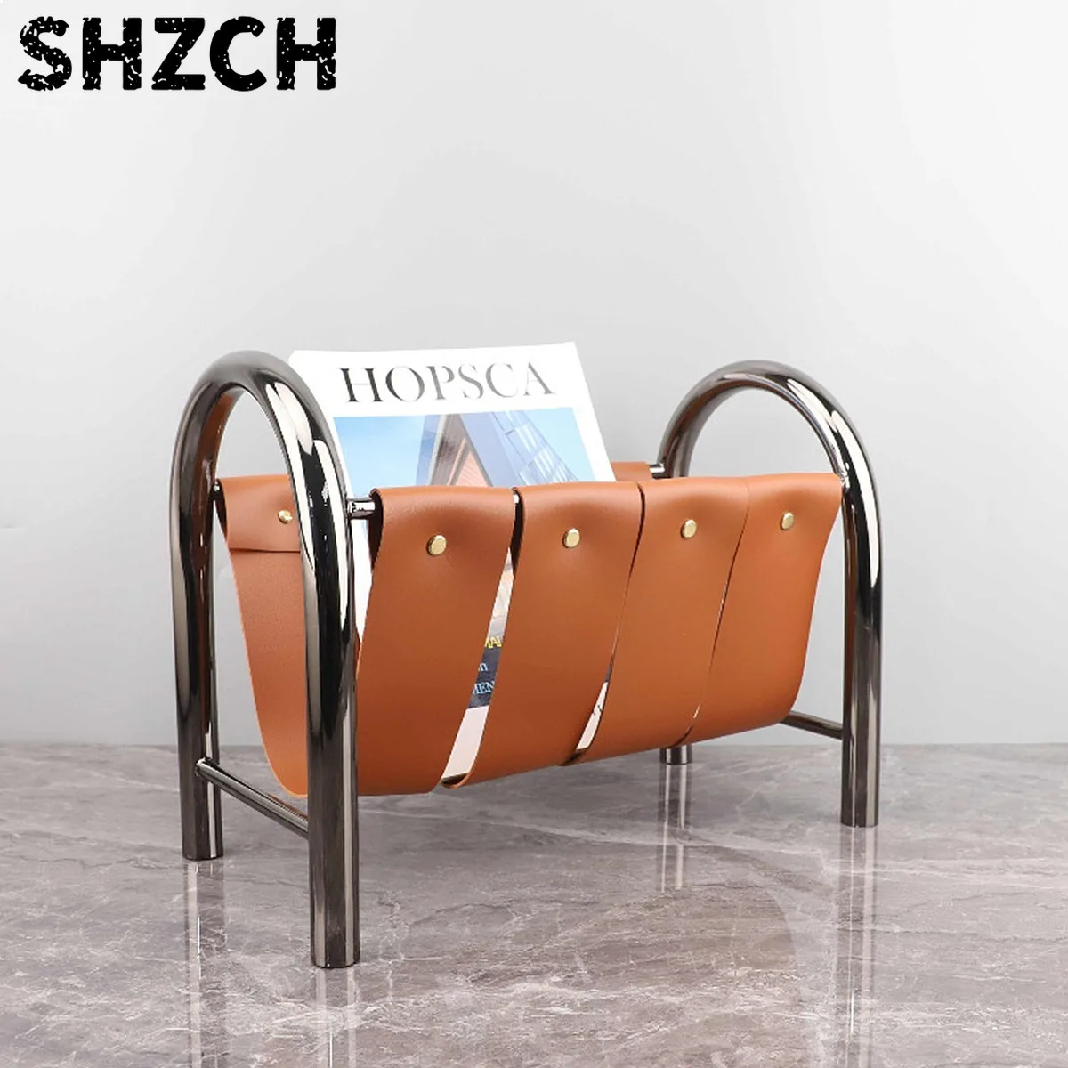 Modern Minimalist Rivet Leather Metal Magazine Rack Coffee Table Decor