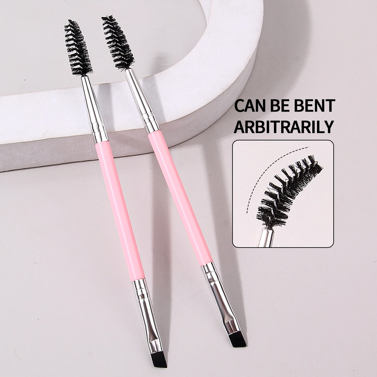 2 SZT. Różowe Dwustronne Pędzle do Makijażu - Spiralny Pędzel do Rzęs, Pędzel do Brwi z Narożkiem i Pędzel do Eyelineru |   Wielofunkcyjna szczoteczka do oczu