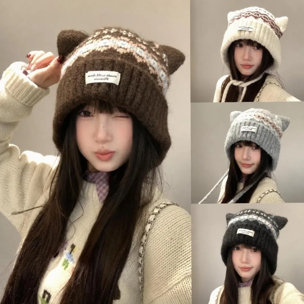 Fashion Cat Ear Knitted Woolen Cap Windproof Thickened Strap Beanie Hat Keep Warm Fell Island Style Ear Protection Cap Winter