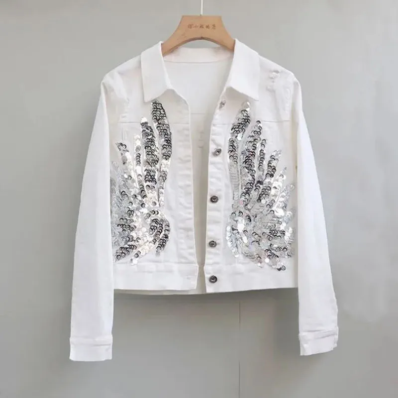 

White Sequin Denim Jacket Women's Street wear Spring Autumn 2024 New Slim Fashion Embroidered Short Coat Elastic Denim Jackets