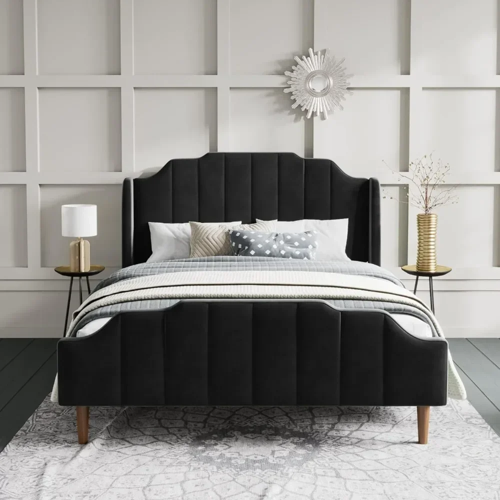 

Queen Size Bed Frame with Modern Curved Velvet Headboard, Strong Wood Slat Support, Upholstered Queen Bed Frame