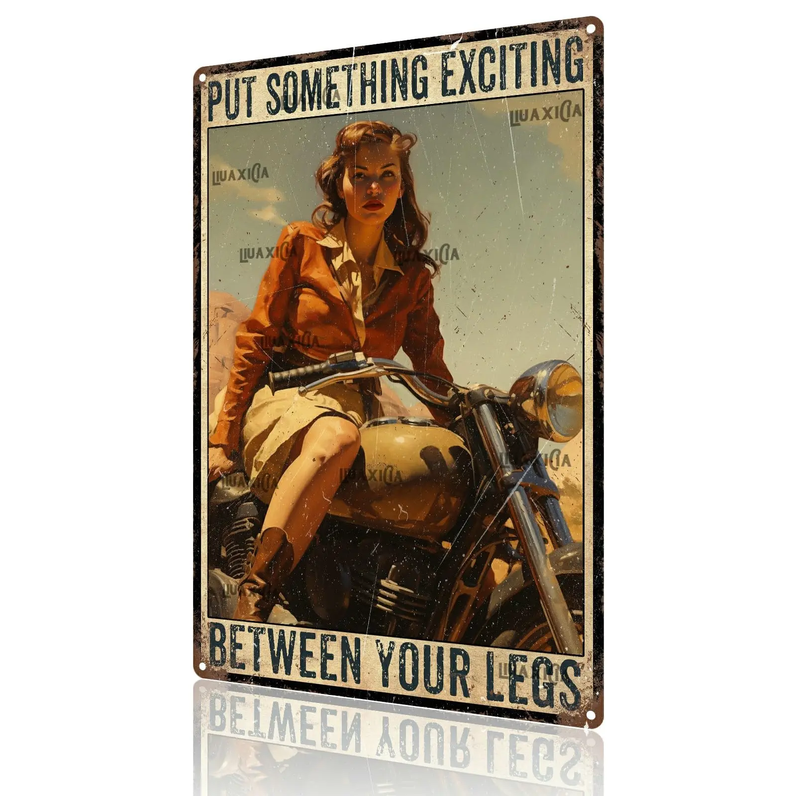 Retro Art Tin Sign Motorcycle Pinup Girl Put Something Exciting Metal Tin Signs Reproduction Vintage Wall Decor Retro Art Tin Si