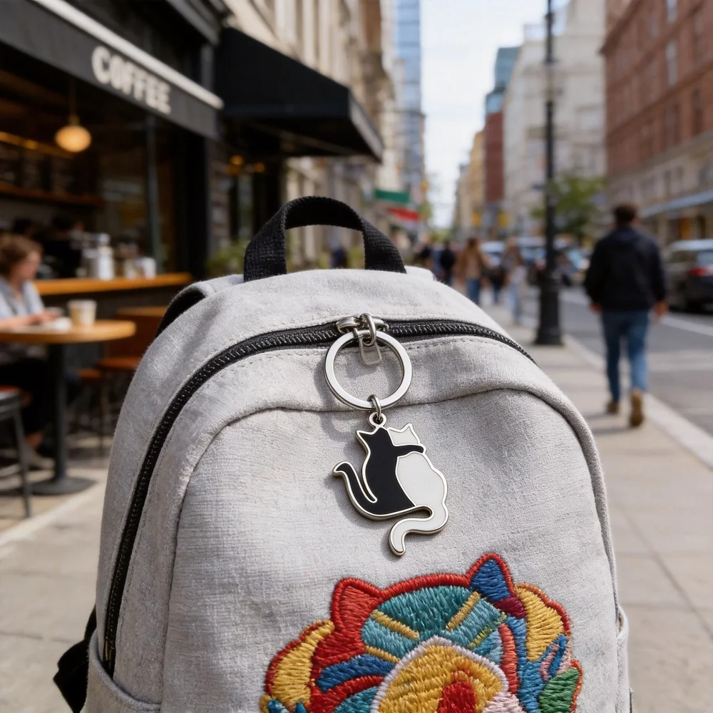 

Stainless Steel Stylish Keychain Black White Cat Silhouetteack Key Couple Friend Gift Car Keyring Backpack Decoration Pendant