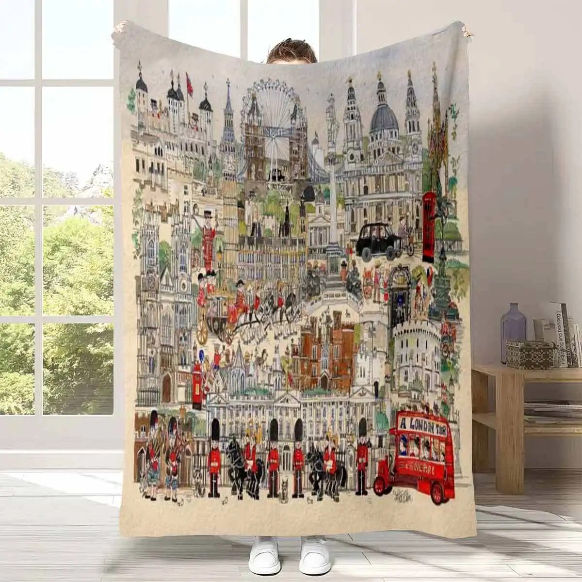 Hand-Drawn London City Landmark Collection British Style Printed Flannel Blanket, Throw Blanket for All Seasons Home Sofa Nap Wa