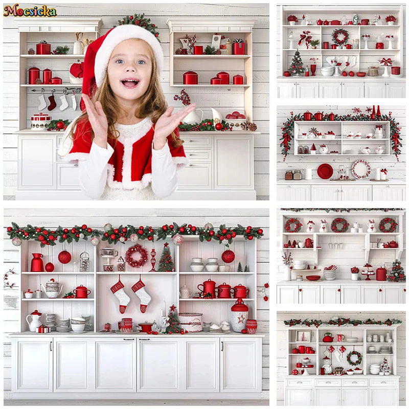 Mocsicka Photography Back Christmas Party Xmas Wreath Kitchen Background Family Portrait Cute Kid Portrait Photo Banner Studio