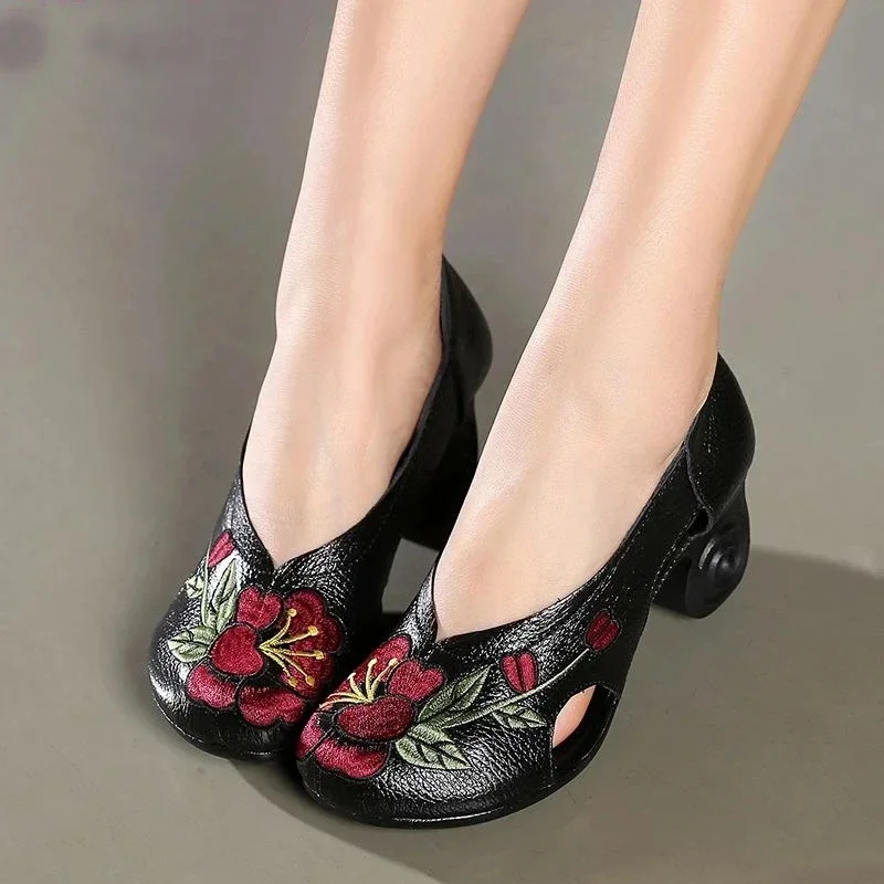 Women Embroidery Pumps Lady 6CM High Heels Shoes Handmade Women Genuine Leather Pumps Spring Autumn Vintage Shoes