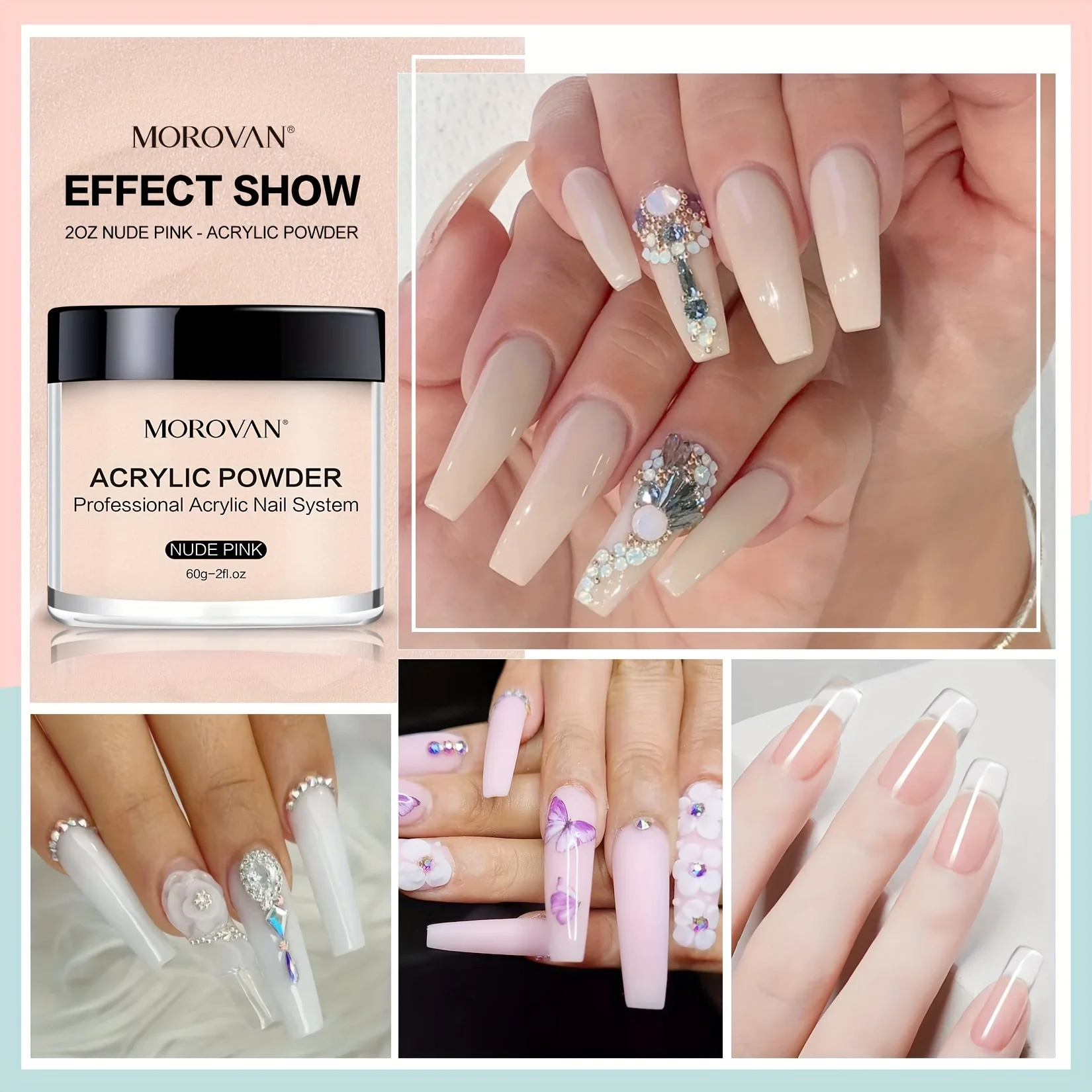 Morovan Acrylic Nail Powder Set: 4 Colors Clear Nude Pink White Acrylic Powder Colored Acrylic Nail Powder for Acrylic Nail Ext