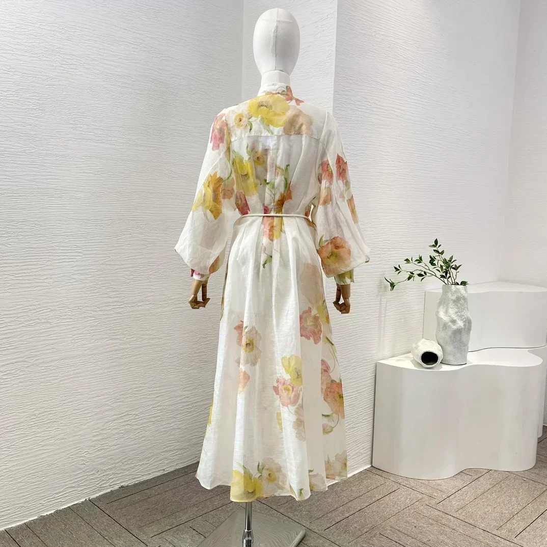 2024 new Floral Printing Vintage Linen Silk Latest Collection High Quality Long Sleeve Lace-up Women Casual Summer Shirt Dress