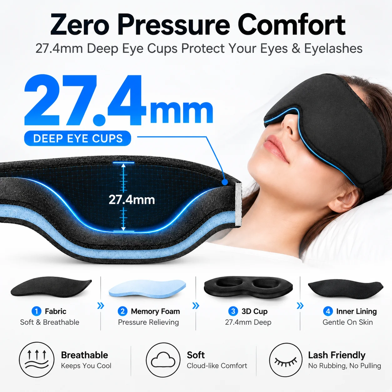 3D Ergonomic Memory Foam Sleep Mask,100% Light Blocking Eye Mask with Deep Eye Cups,Ultra Soft Breathable for Side Sleepers