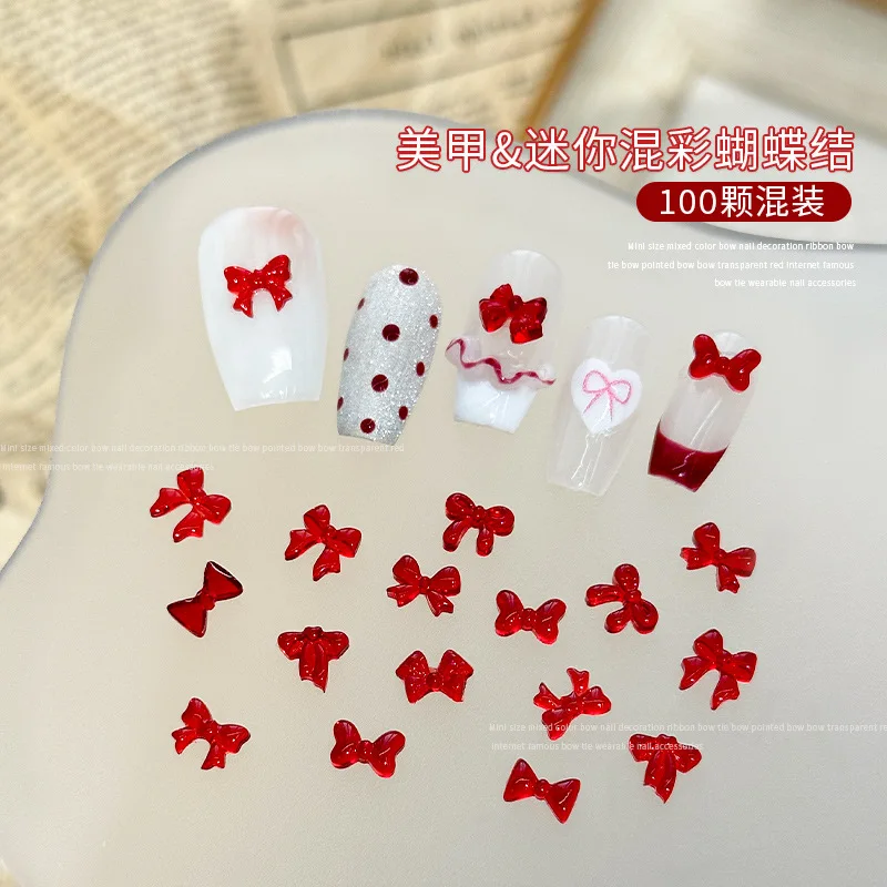 100PCS Macaron Ice Red Mini Bow Ribbonw Mix Shapes Resin Nail Art Rhinestones Jewel Decorations Manicure Ornaments Accessories