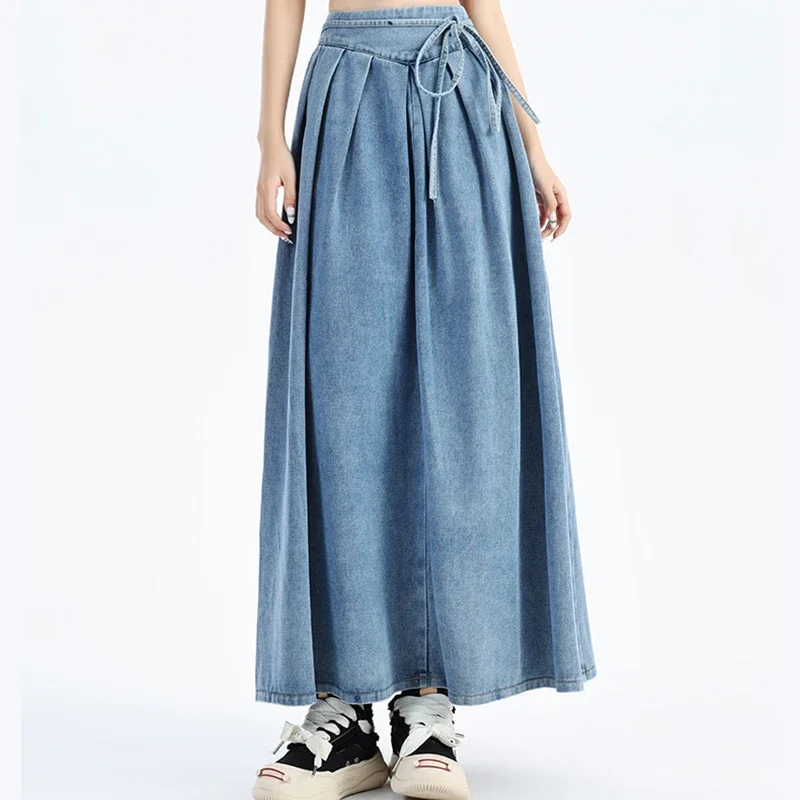 Women High Waist Fashion Loose Denim Skirt Girls Long Pleated A Line Dress Female Elegant Deep Blue Light Blue Skirts Large Size