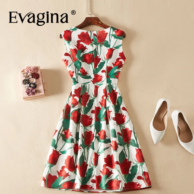 Evagina Rose Printing Splicing Mini Dress 2024 Spring Summer New Women's Sleeveless High Street Party Dresses