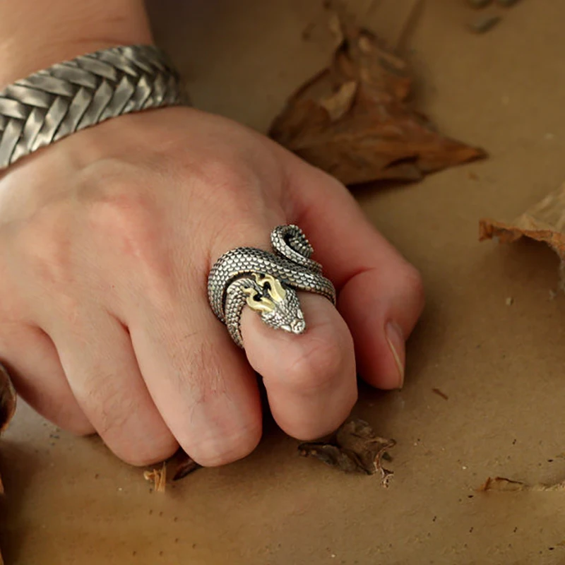 Exquisite Vintage Silver Rings for Men New Fashion Flame Horn Snake Pure Argentumpunk Domineering Hand Jewelry