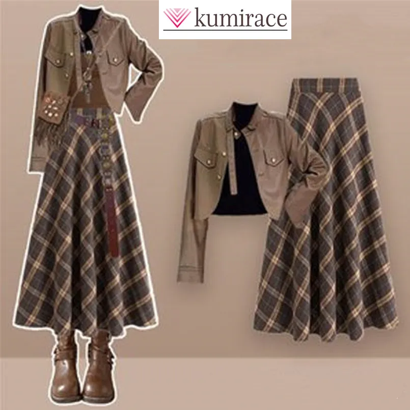 

Fashion Women's Set for Spring and Autumn Meilad Leather Jacket French Style Plaid Skirt Elegant Women's Two-piece Set