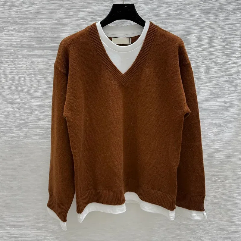 

women's high-quality fashionable V-neck long sleeved knitted sweater, fake two-piece spliced top, sleek silhouette 2580275