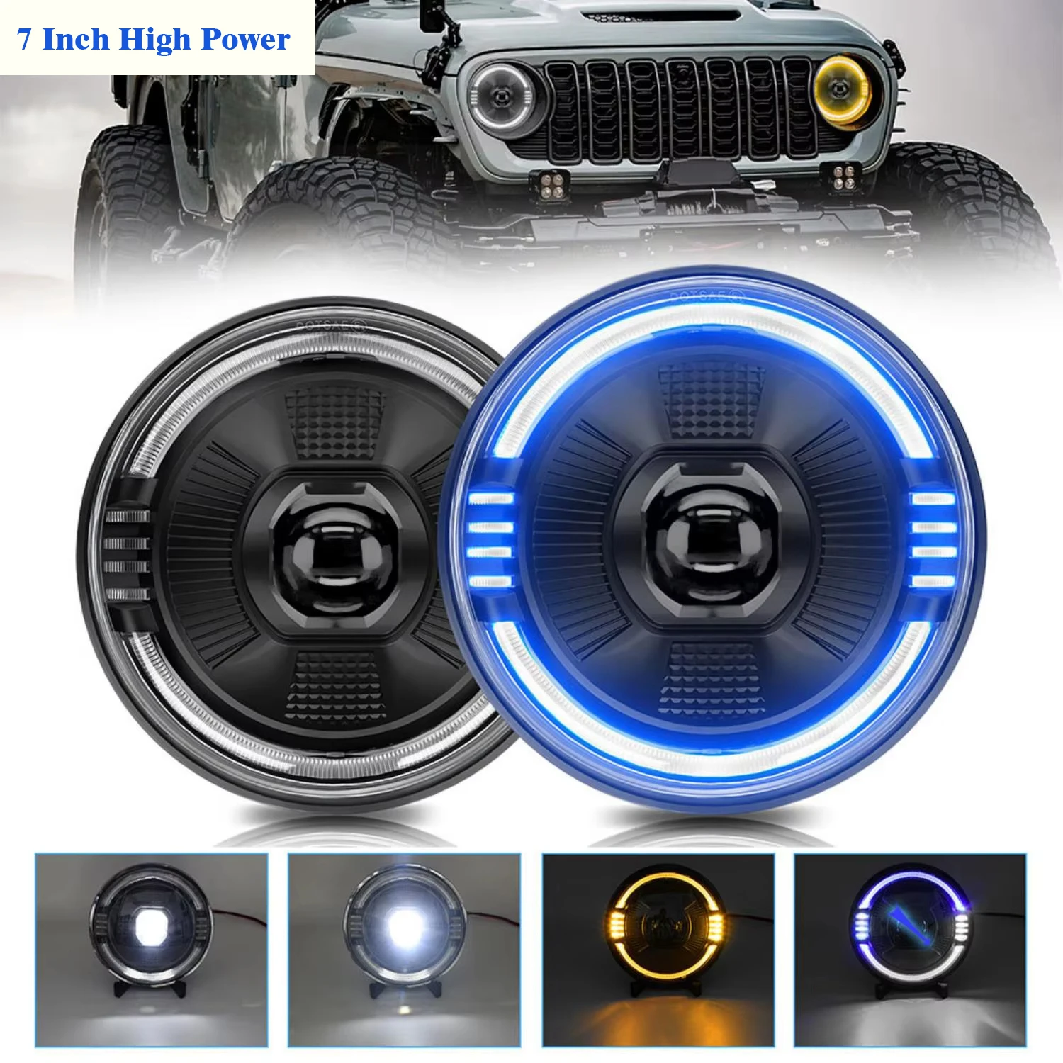 

7 Inch High Power Jeep Headlight 250W 30000LM LED Round Headlight Blue DRL for Wrangler Harley Hummer SUV H4 Headlamp 6000K 32V