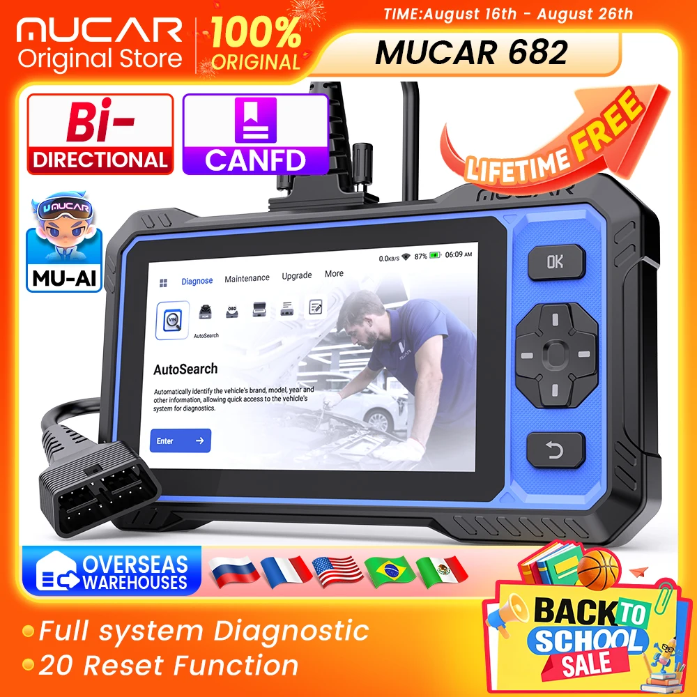 MUCAR 682 AI Auto-Diagnosegerät OBD2 Scanner-Tool Vollsystem 20 Reset-Funktionen Bidirektional Lebenslange Kostenlose Updates CANFD