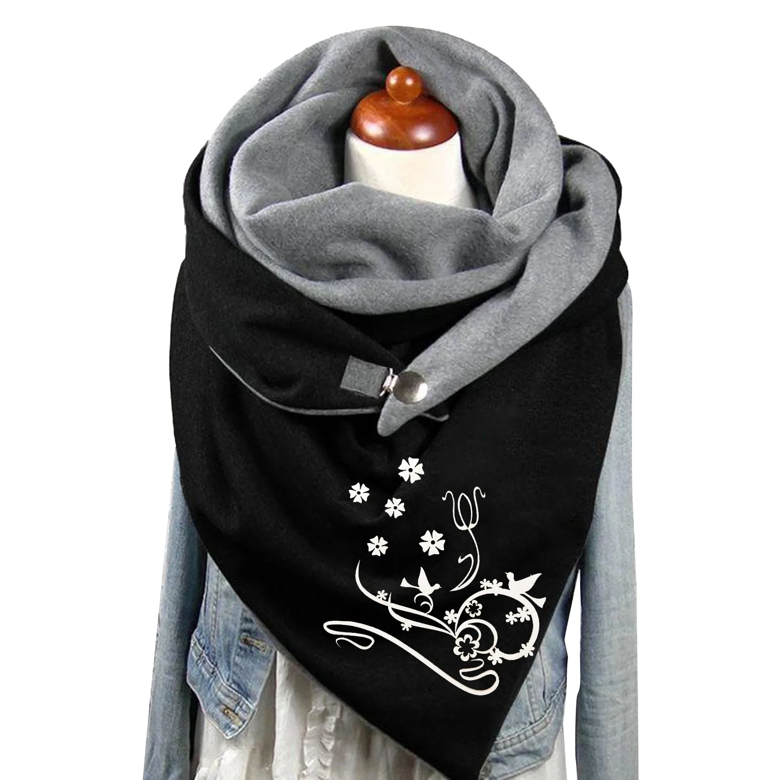 Winter Warm Short Scarves Women's Bohemian Retro Style Printings Triangle Scarf Button Soft Comfortable Ladies Wrap Shawls