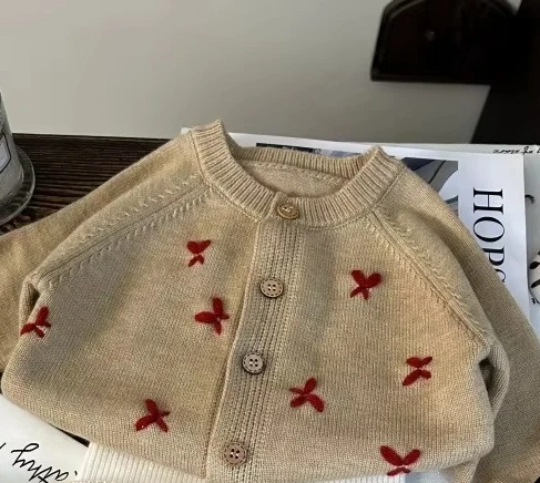 Korean Children's Clothing 2026 New Autumn Girls Bow Sweater Cardigan Knitted Stacking Socks Leggings