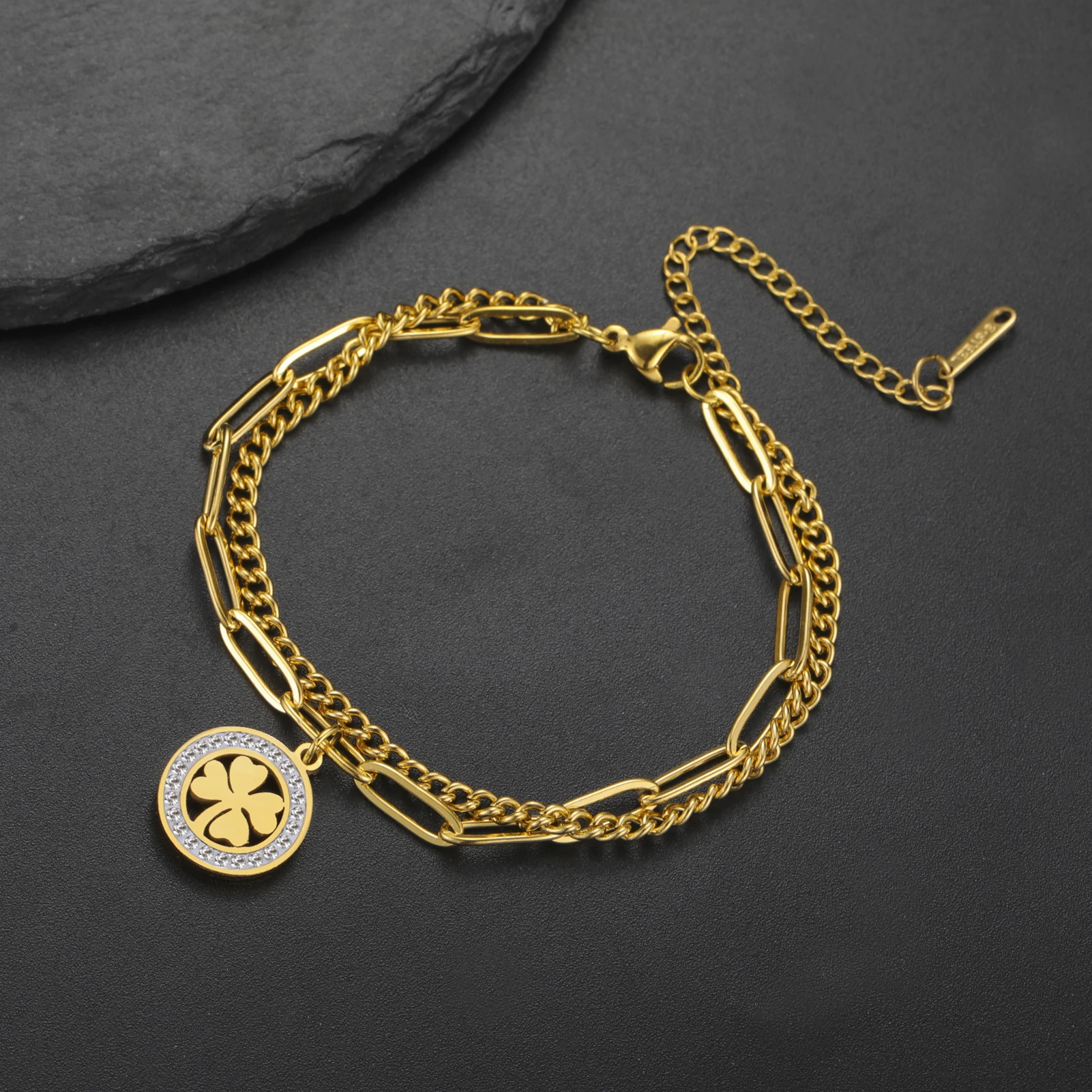 COOLTIME Edelstahl Runde Klee Armbänder Frauen Mode Klassische Zirkon Kristall Armband für Frauen Schmuck Geburtstag Geschenke – Detail 5