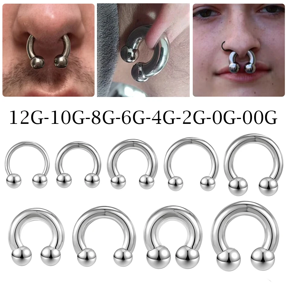 1Pc/lot Steel Big Large Size Horseshoe Ring Nose Piercing Ear Expander BCR Hoop Earring Septum 12-00G Male Intimate Body Jewelry