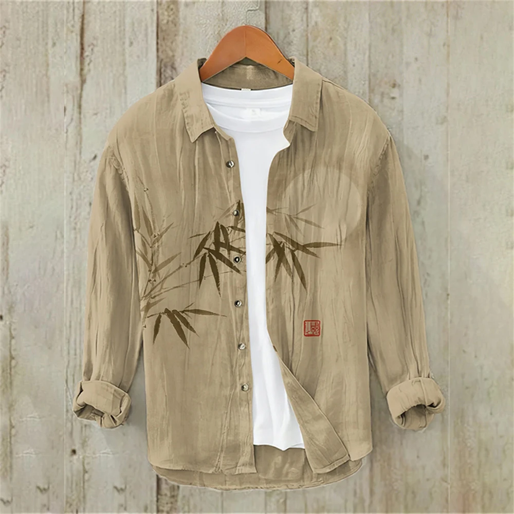 Men's Long Sleeve Shirt Linen Shirt Japanese Fashion Art Bamboo Illustration High Quality Large Size Men's Clothing