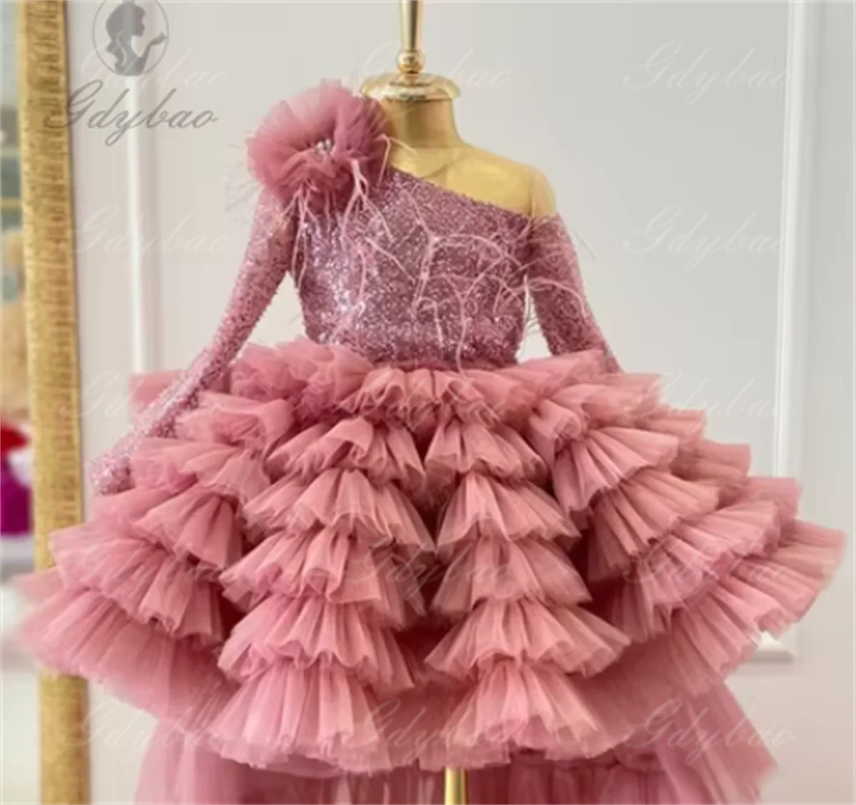 Peach Pink High Low Tutu Tulle Kid Long Sleeves Formal Dresses Shiny Daughter Birthday Party Dresses Tiered Tulle Child Dress