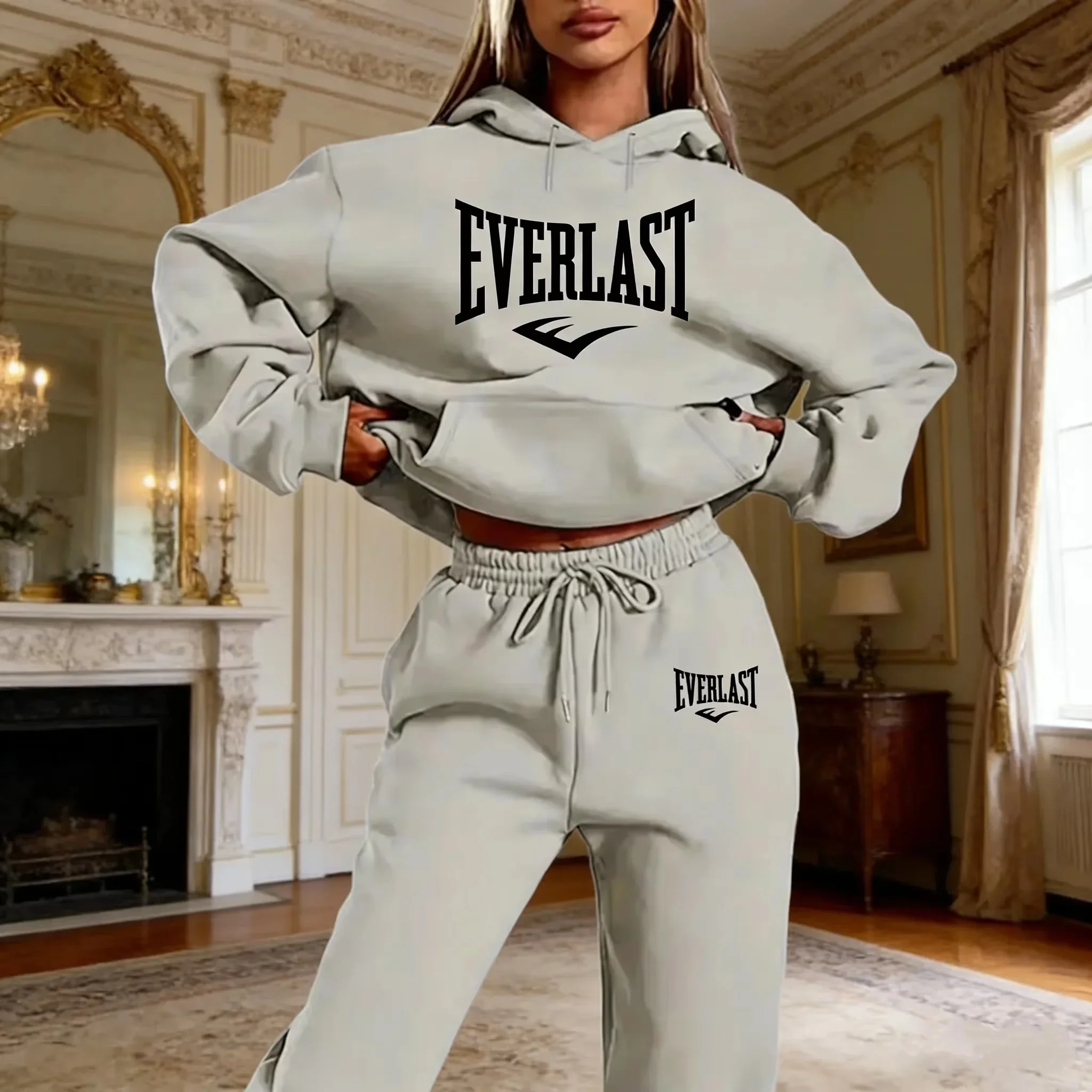 Two-piece Tracksuit Set with Letter Print Unisex, Fashion Running Sweatshirt, Drawstring Sports Hoodie, Quality Fitness Wear