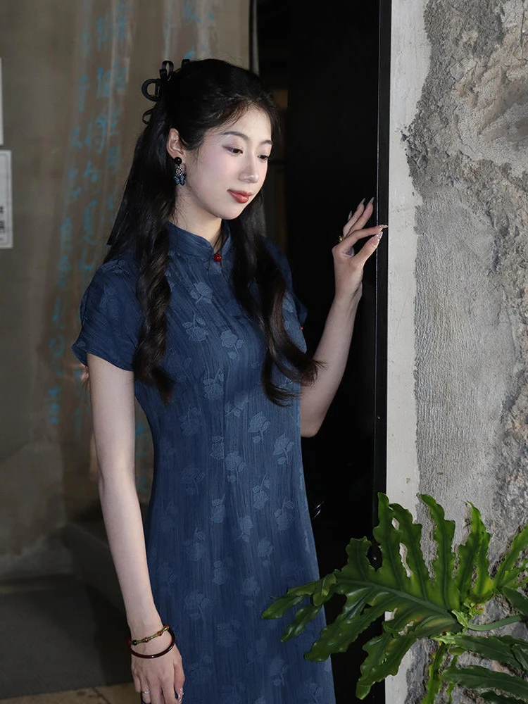 

Новое китайское платье для девочек с цветочной вышивкой, летнее, синее, в ретро-стиле, с коротким рукавом, из дышащего полиэстера