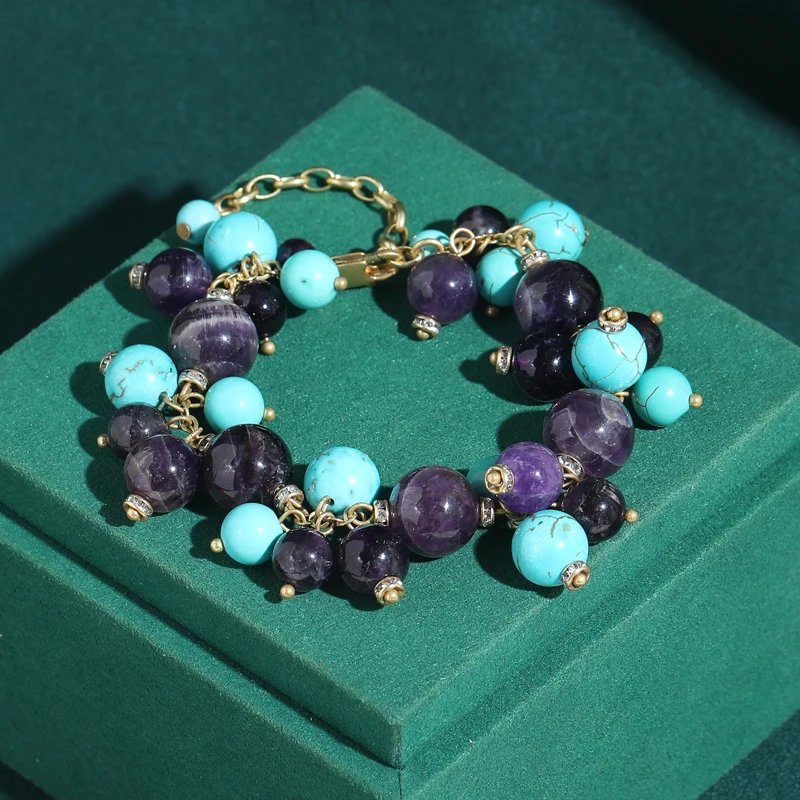 

Natural Amethyst And Turquoise Stone Beads Bracelets Vintage Alternate Charm Jewelry Antique Gold Plated Luxury Party Art Decos