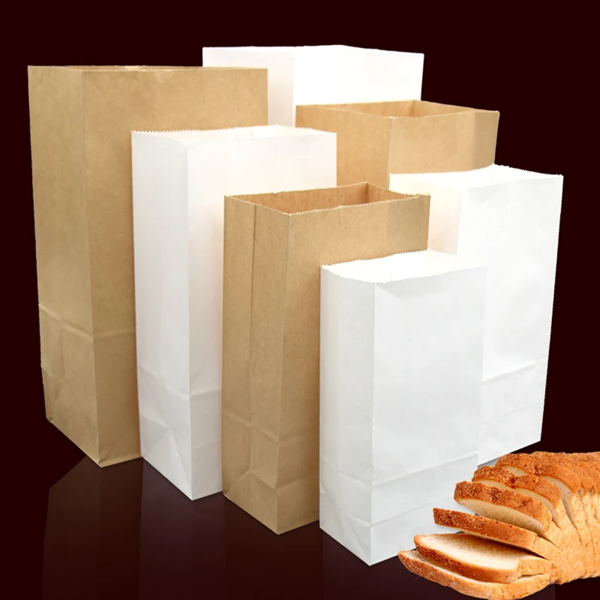 50pcs Brown Kraft Paper Bags White Flat Food Sandwich Bread Pocket Dried Fruits Cookie Baking Candy Bags Party Wrapping Gift Bag