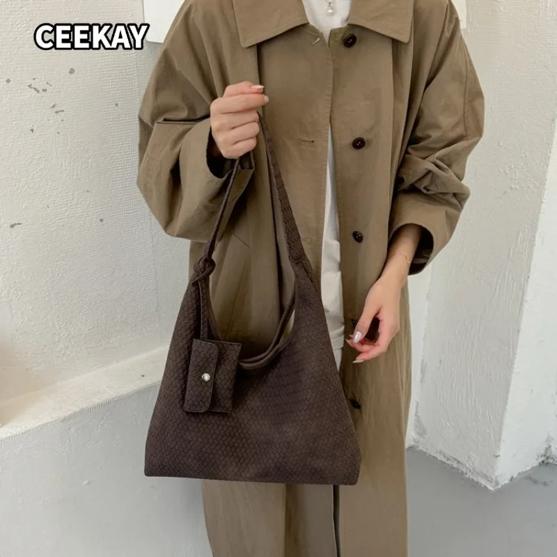 CEEKAY Suede Hobo Bag Side Label Detail Thin Strap Zipper Versatile Everyday Commute Casual Large Capacity Shoulder Purse