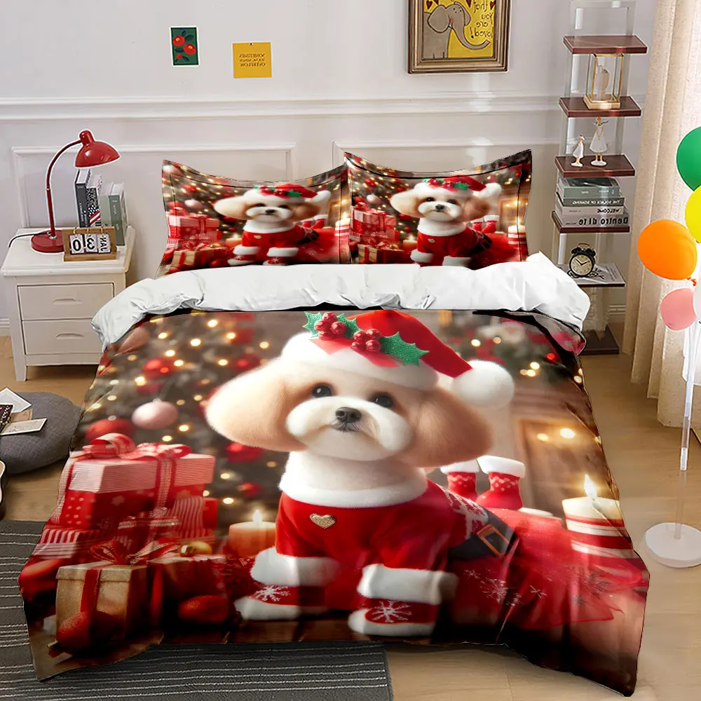 Festive dog in Christmas attire amidst holiday decor Print Duvet Cover Bedding Set Included 1*Duvet Cover 2*Pillowcases