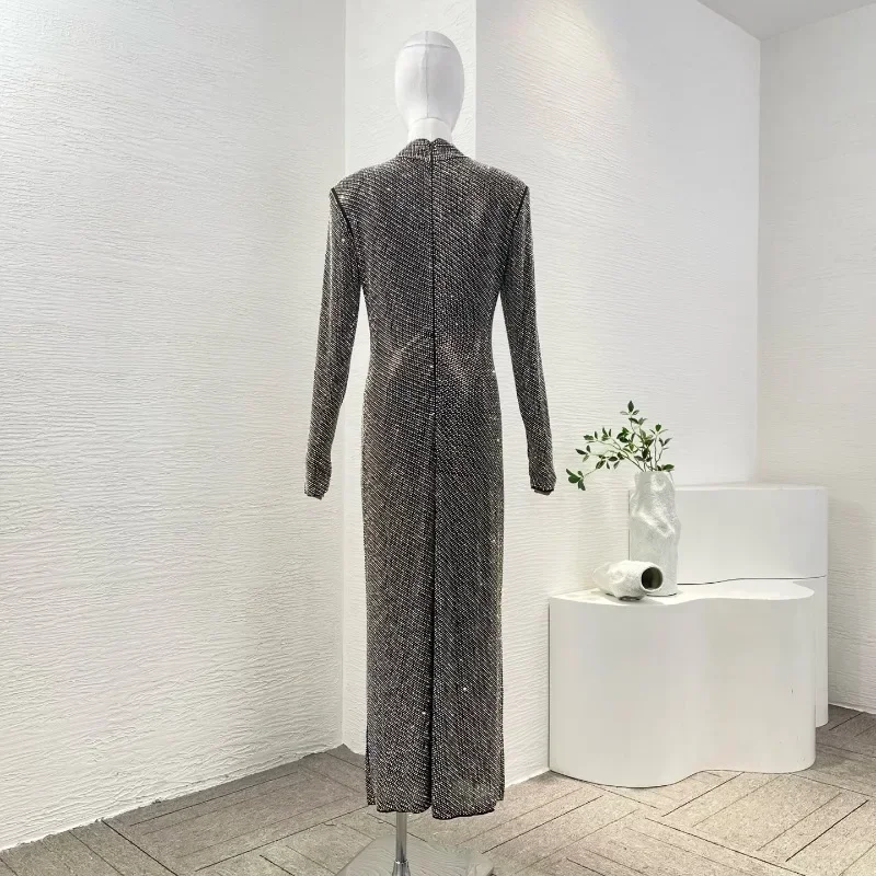 Top Quality New Fashion Elegant Sexy Photo Color Diamonds Pressed Long Sleeve Women's Midi Dresses for Party 2025