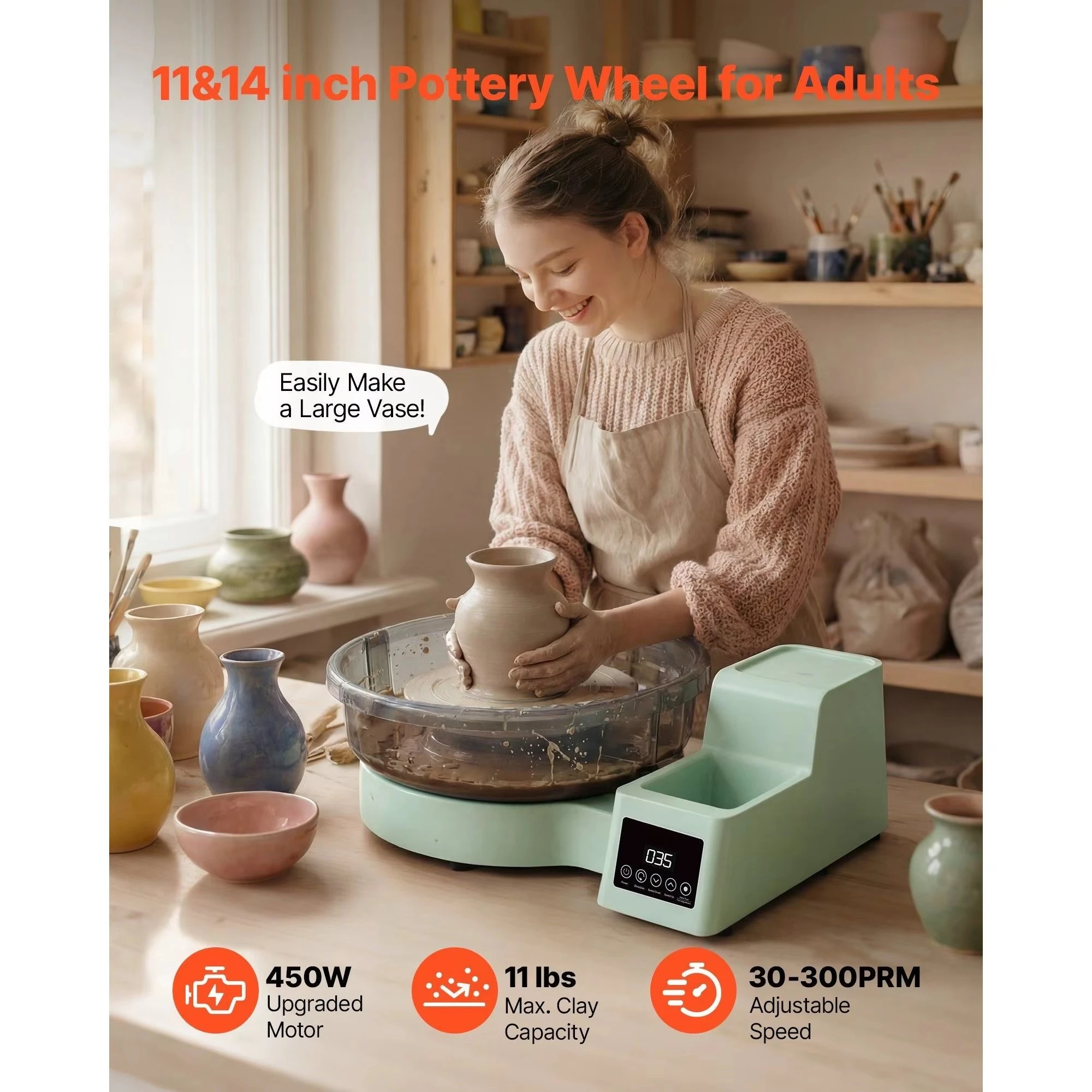 14-Inch and 11-inch adult electric tabletop ceramic wheels, 450W, foot-operated, 30-300 rpm