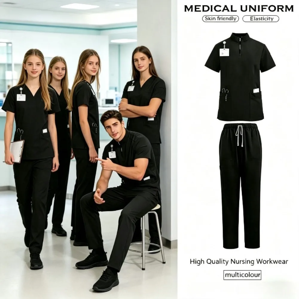 Womens Fashionable Frosted Suit with Stand Up Collar Top and Jogging Pants Soft Nurse Uniform with Pockets or Work and Spa