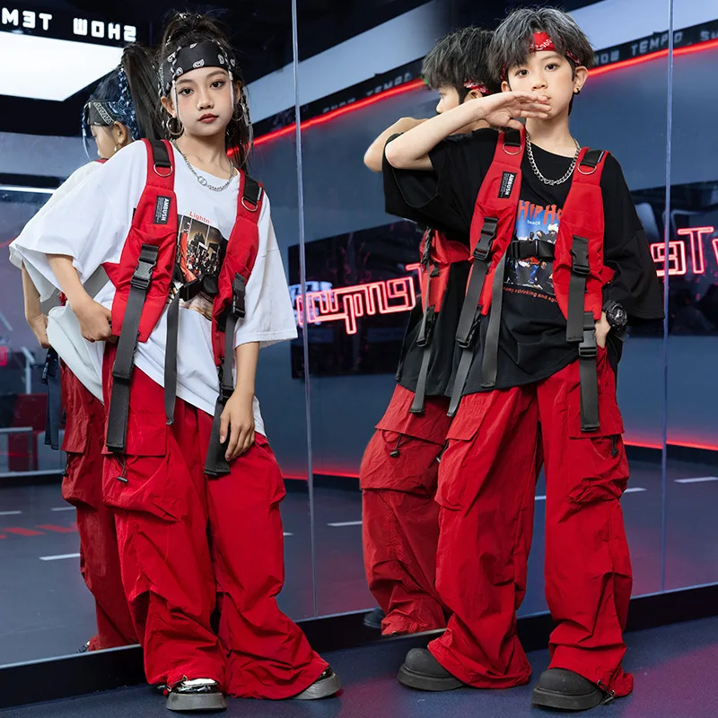Ropa de Hip Hop Kpop para chico, camiseta blanca con gráfico, chaleco rojo, Top informal, pantalones Cargo de paracaídas para niña y niño, ropa de traje de baile
