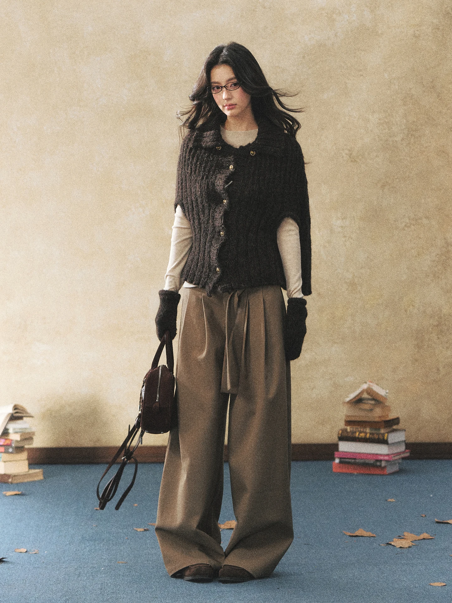 7Shiftin Original Design Loose Wide Leg Casual Pants Women's Straight Draping Sash Long Trousers Khaki Color