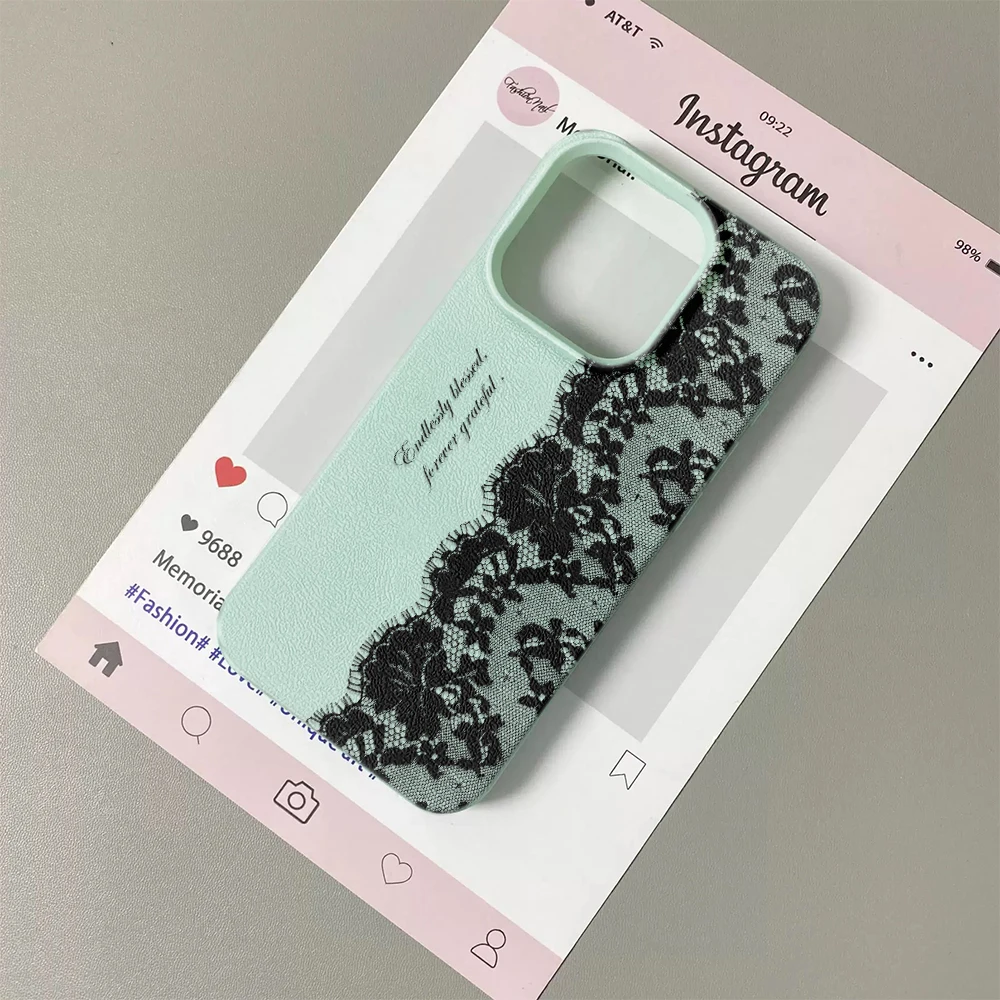 Funda de Teléfono con Encaje Verde Menta+Blanco+Rosa para iPhone 17 16 15 14 Plus 13 12 11 Pro Max, Carcasa Protectora de Doble Tono a la Moda