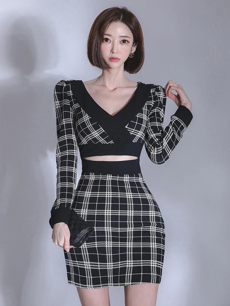 

Spring Autumn Y2K Fashion Women Evening Dress Chic Vintage Plaid Sexy V-Neck Slim Midi Party Club Street Clothes Mujer Vestidos