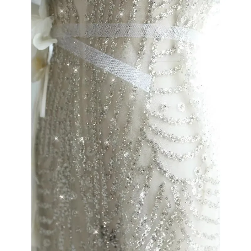 146 سنتيمتر واسعة ، رائعة غزل مسمار حبة التطريز الفضة الترتر الدانتيل الديكور DIY بها بنفسك فستان رسمي أداء زي الملحقات