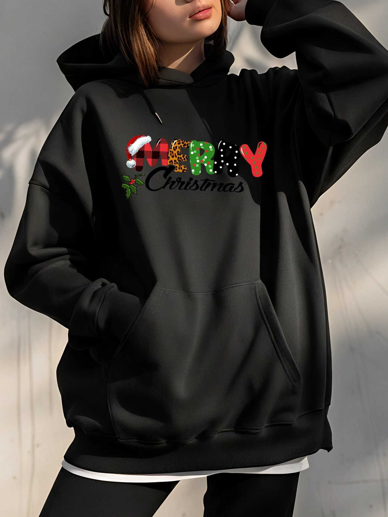 

Christmas Print Hoodie with Festive Details for Women Casual Winter Wear