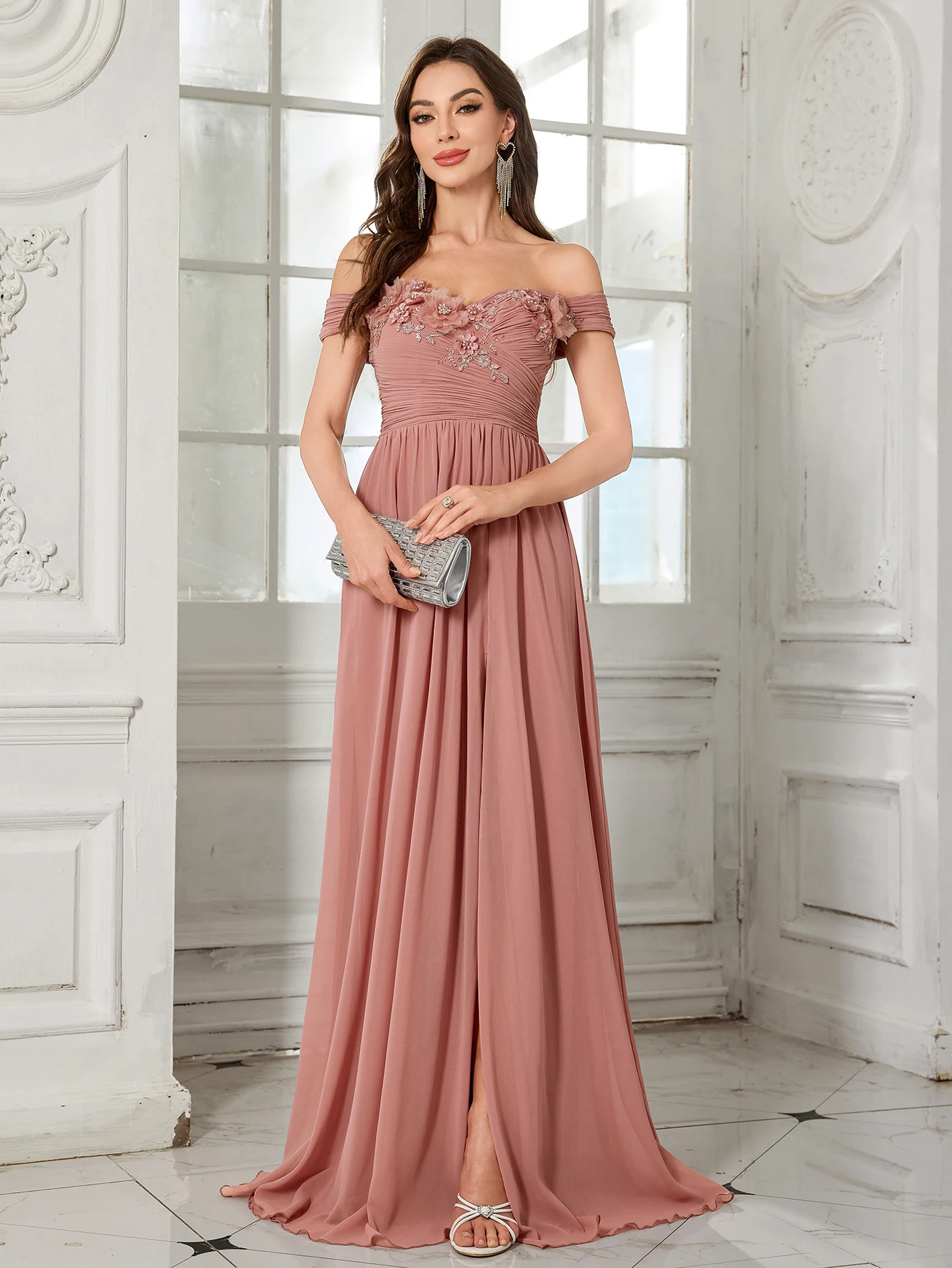 UNITHORSE 우아한 브이넥 민소매 가운, 여성용 주름 장식 스커트와 비즈 장식이 있는 럭셔리 롱 이브닝 드레스, 신부 들러리용