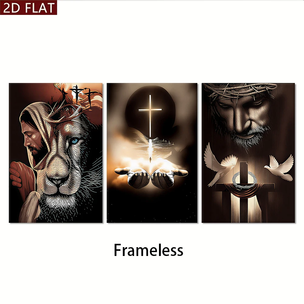 1 set of Christian faith triptych Jesus Lion Cross mural modern minimalist home frameless decoration painting 2D plan