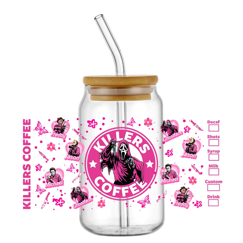 custom 16 oz uv dtf killers coffee cup waterproof transfer cartoon Characters for 16oz Libbey Glasses