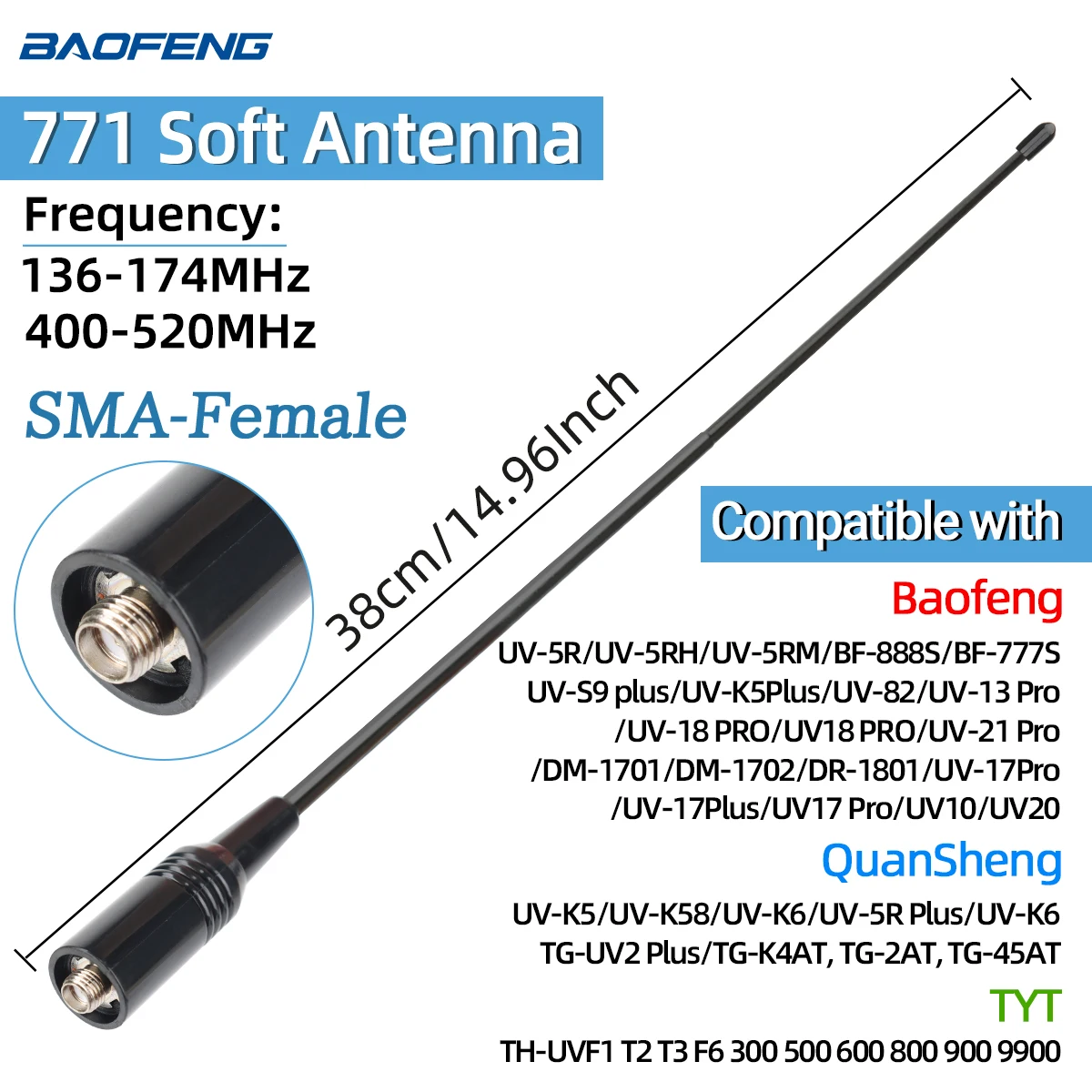 ABBREE Walkie Talkie Antenne SMA Vrouwelijke Mannelijke VHF UHF Band Tri-Band GMRS voor BaoFeng UV-5R BF-888S Quansheng UV-K5 K6 Ham Radio