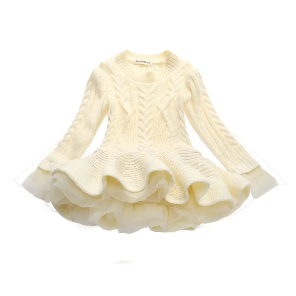 Kids Girls Autumn Winter Knitted Midi Dress Long Sleeve Sweater Princess Dress Sweet Flared Hem Dress Daily Party Wear 3-7Y