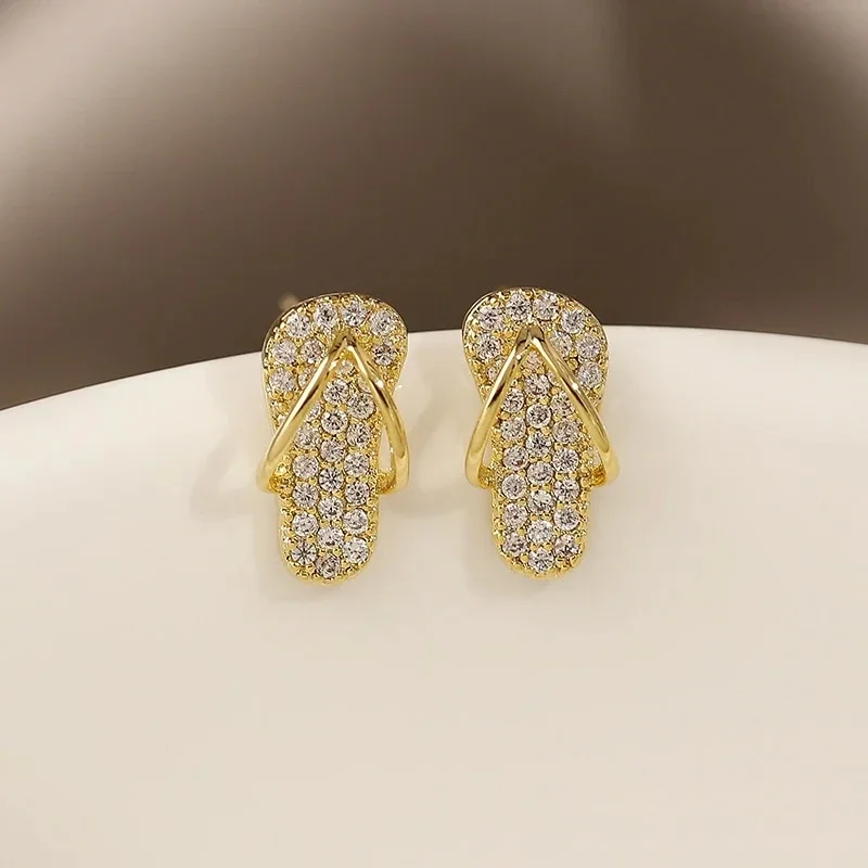 Huitan Funny Slipper Shaped Stud Earrings Full CZ Bling Bling Dainty Ear Stud for Women Daily Wear Dance Party Statement Jewelry